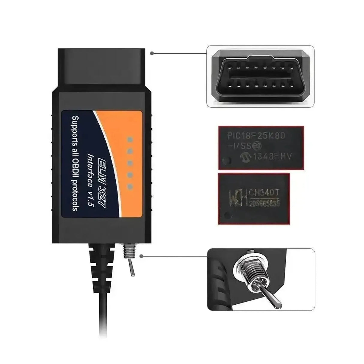 Universele ELM327 (FT232RL) (HS/MS-CAN Switch) | USB-Interfacekabel