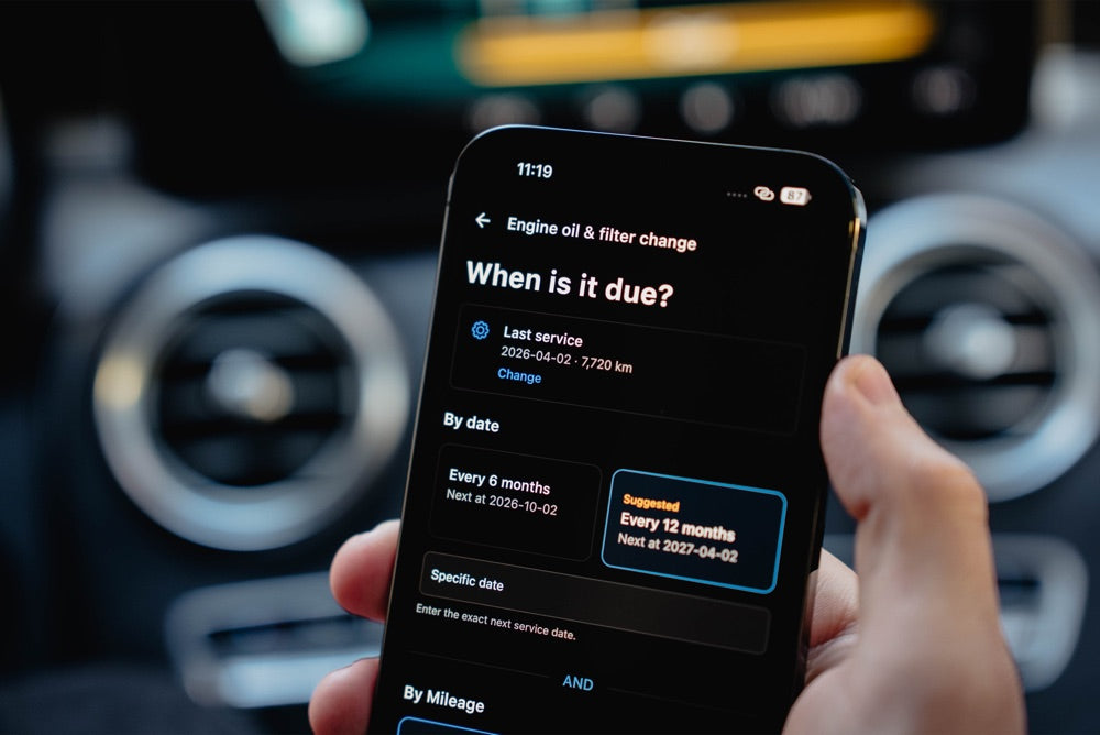 OBDeleven app shows a maintenance reminder for a Mercedes